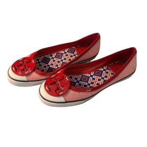 Tory Burch Sz 6 Red Patterned Canvas & Patent Leather Trim Channing Reva Flats